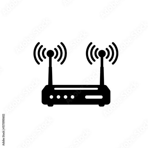 Wireless Router Silhouette: A modern and sleek wireless router is illustrated in stark black, showcasing its signal emission in a minimalist digital style. 
