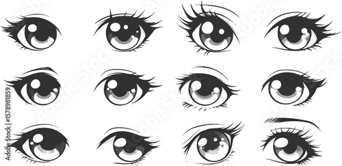 Collection of twelve different anime style eyes with eyelashes on white