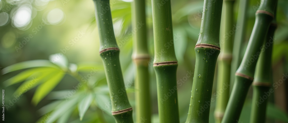 Obraz premium Lush green bamboo stalks create serene atmosphere, showcasing nature beauty and tranquility in vibrant setting