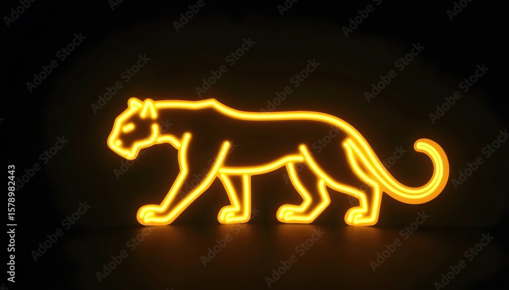 Fototapeta premium High-voltage yellow panther illustration, neon outlines forming animal body, dark setting