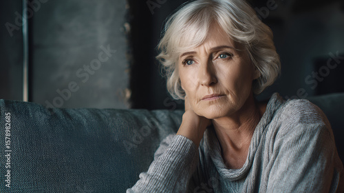 Mature woman with gray hair rests her head on hand while sitting on a dark couch