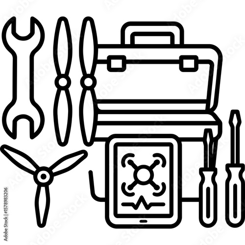 Drone maintenance toolkit outline icon vector