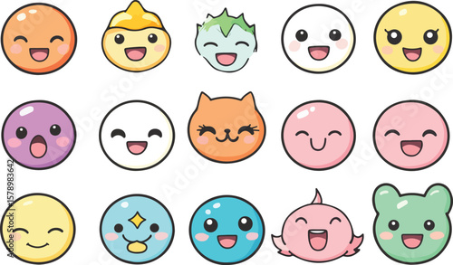 Cute Kawaii Seamless Pattern with Smiling Faces of Different Colors and Shapes