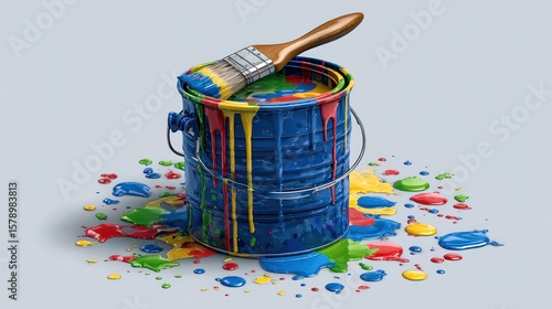 Fototapeta Naklejka Na Ścianę i Meble -  Paint can with dripping multi-color paint and brush