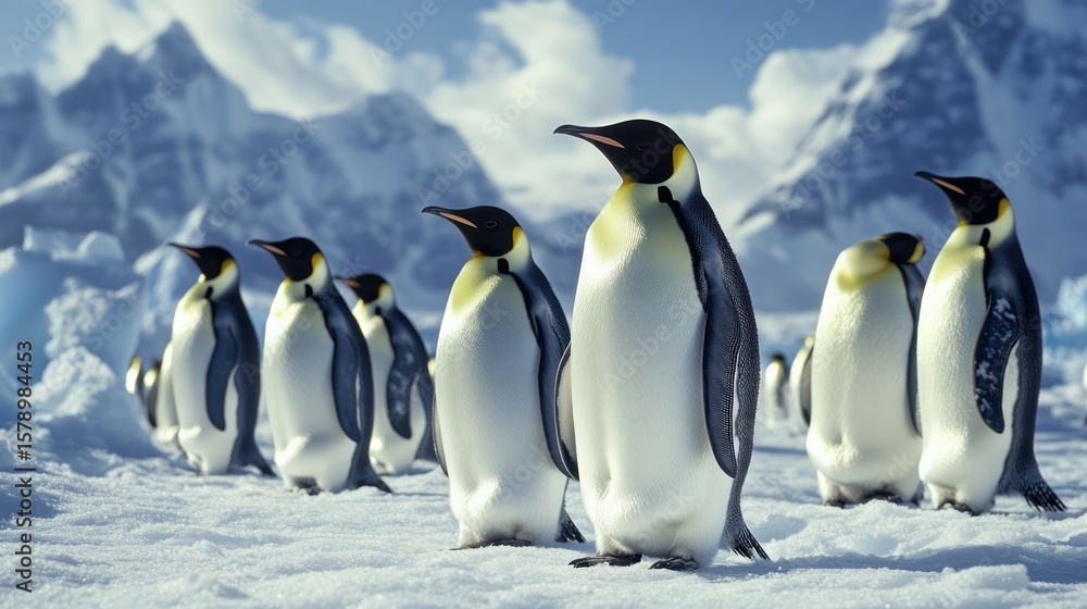 Obraz premium Emperor penguins on snowy ice, mountains