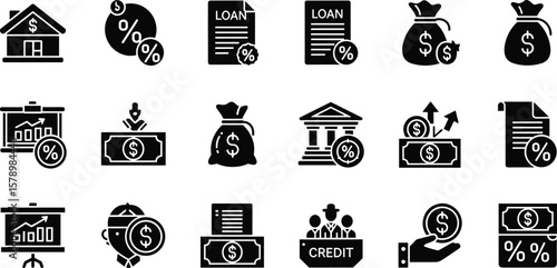 Loan, finance icon set. Vector glyph pictograms of mortgage, percentage, loan agreement, money bag, repayment, banking, credit, interest rate black