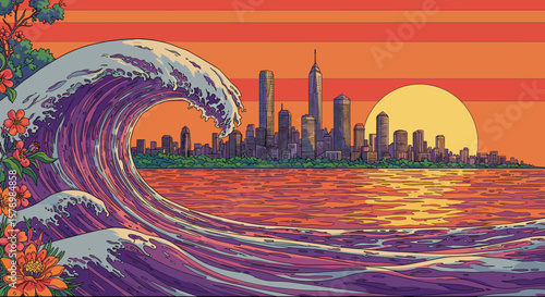 Bright psychedelic illustration with wave on modern city background for art prints, urban decor and creative marketing projects.