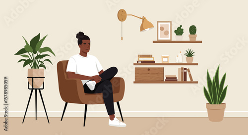A man is relaxing in a chair at home surrounded by plants and modern decor