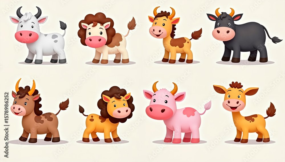 Naklejka premium Cartoon farm animals displaying playful emotions on a light background 
