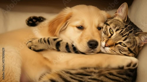 Wallpaper Mural A golden retriever puppy and tabby cat cuddle closely, sharing a peaceful nap. Torontodigital.ca