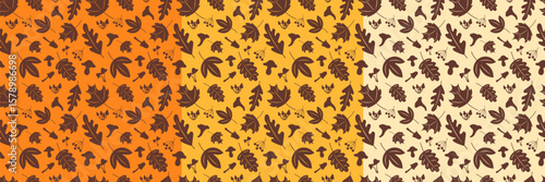 Autumn seamless pattern with leaves, mushrooms and berries. Fall botanical texture set in orange, yellow and beige color. Nature seasonal background for wrapping, textile, scrapbook, packaging.