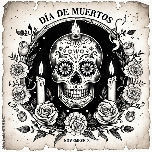 illustration of Dia de Muertos, monochrome