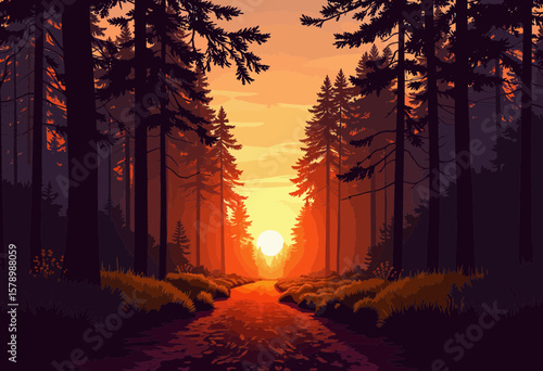 Scenic forest landscape at sunset with glowing sun and trees  