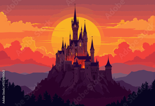 Magical castle silhouette against sunset in vibrant colors  
