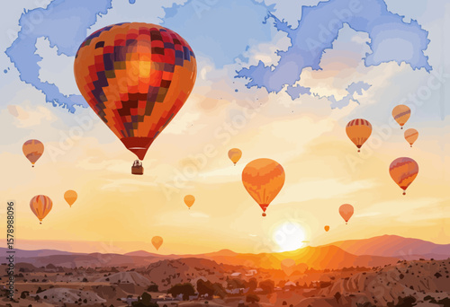 Colorful hot air balloons flying in sunrise sky over landscape  