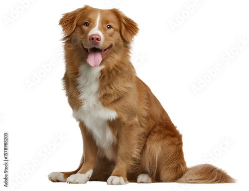 Nova Scotia Duck Tolling Retriever Sitting with Tongue Out and Feathered Tail, Front View, Isolated on Transparent Background
