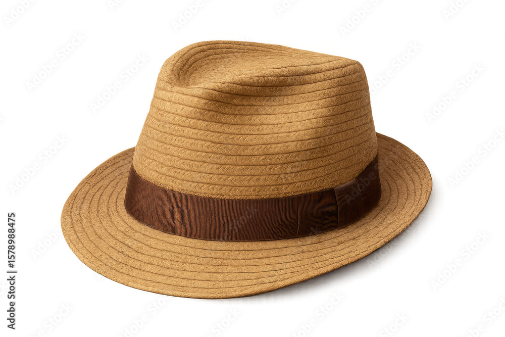 Classic panama hat featuring a brown ribbon, isolated on a transparent background, perfect for summer attire Classic panama hat featuring a brown ribbon, isolated on a transparent background, perfect for summer attire