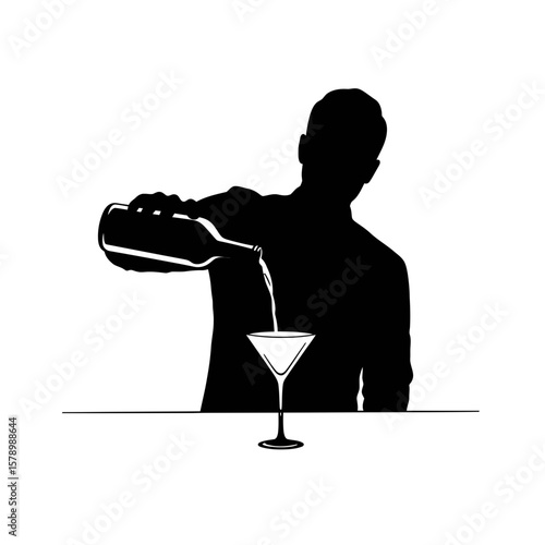 Silhouette Bartender Pouring a Drink: The silhouette of a bartender gracefully pouring a cocktail, a stylized image of drink preparation in a modern bar setting. 