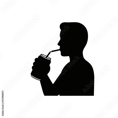 Cool Sip Silhouette: A sleek, monochromatic silhouette captures a figure relishing a cool beverage from a can, highlighting the refreshing moment of enjoyment.