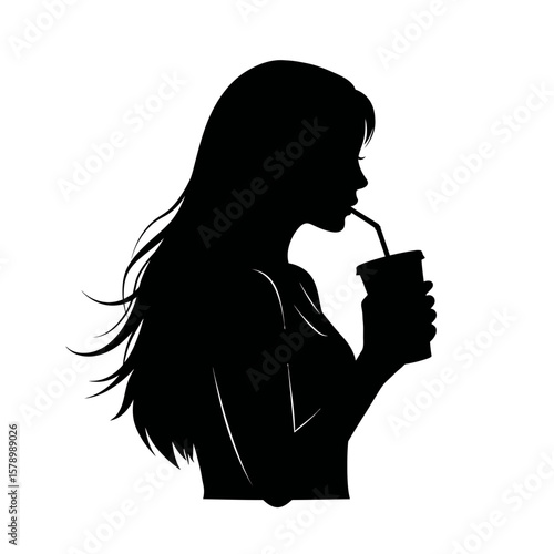Silhouette Sipping Serenity: An artistic silhouette portrays a woman relishing a beverage with a straw, her flowing hair adding an aura of effortless elegance. A snapshot of tranquil moments.