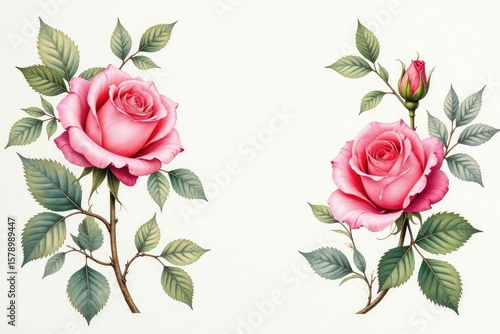 Delicate watercolor roses, intertwined leaves, vintage aesthetic, graphics, pretty
