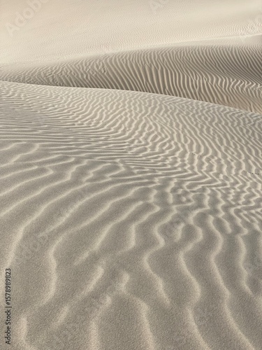 Rippling patterns of sand create a mesmerizing landscape in a tranquil desert environment during the golden hours of sunset