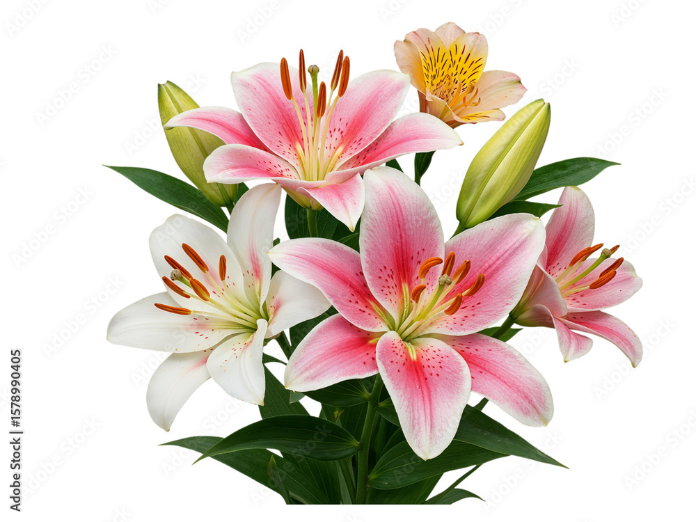 Fototapeta premium Beautiful bouquet of pink and white lilies with green leaves on black background