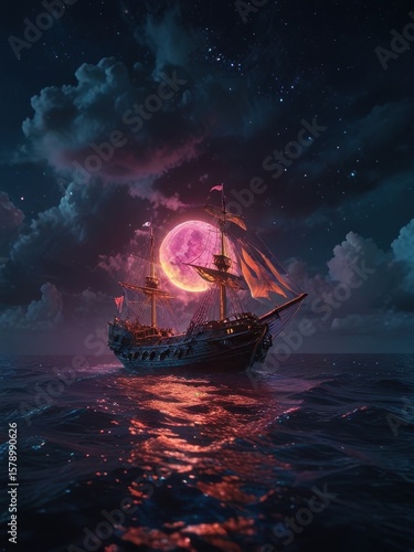 Dark ship, vibrant moon, starlit night