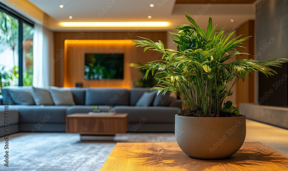 Fototapeta premium Interior background with a plant, offering a fresh and inviting atmosphere for the living room design, Generative AI