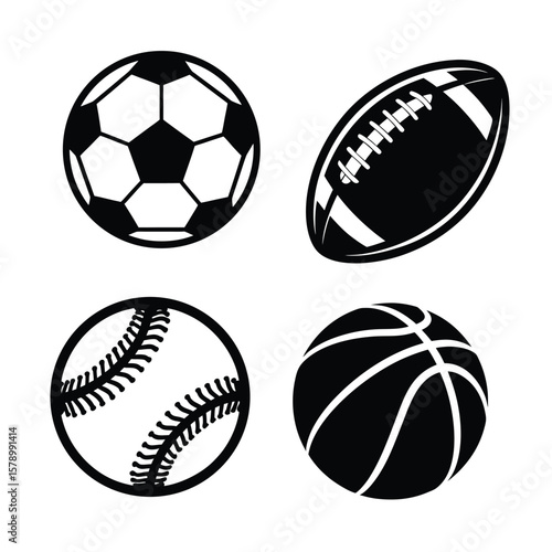 a black and white  silhouette illustration set of football, soccer ball, basketball and baseball  