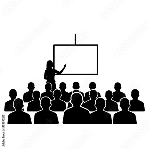 The Dynamic Classroom: A silhouette instructor presents a lesson, captivating the attention of a diverse audience in an education setting.
