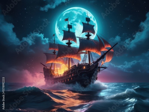 Dark pirate ship sails under a large moon