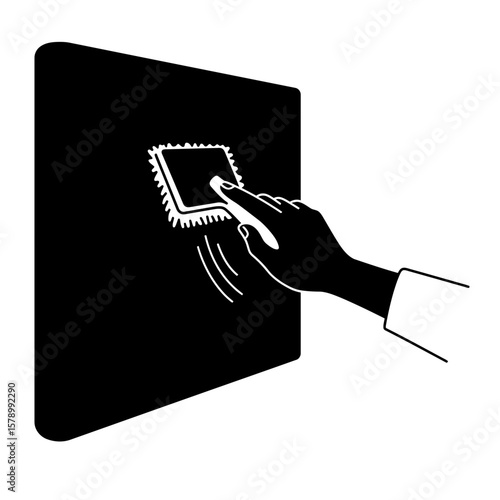 Cleaning Process Illustration: A hand uses a cleaning brush on a dark surface, embodying cleanliness and maintenance. The monochrome design emphasizes clarity and the act of cleaning.