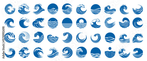 Wave logo set. Flat minimalistic blue icons of swirl water, abstract ocean symbol, japan waves vector silhouette