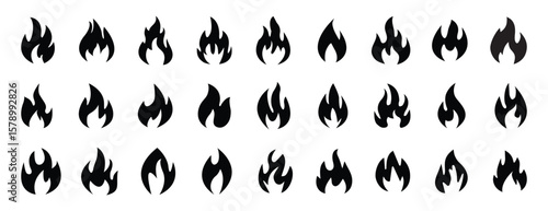 Big set of fire flame vector icons. Bonfire silhouette logotype. Burning fire flame icons collection. Flame design of different shapes. Vector illustration eps