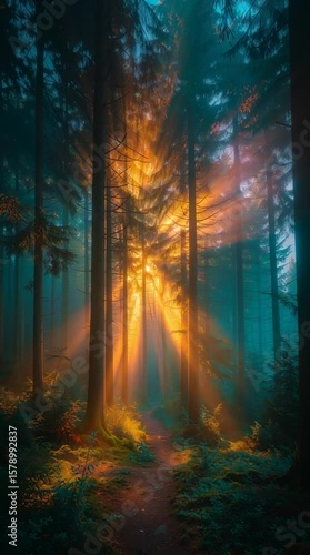 Wallpaper Mural Dramatic golden light rays shining through a misty pine forest. Torontodigital.ca