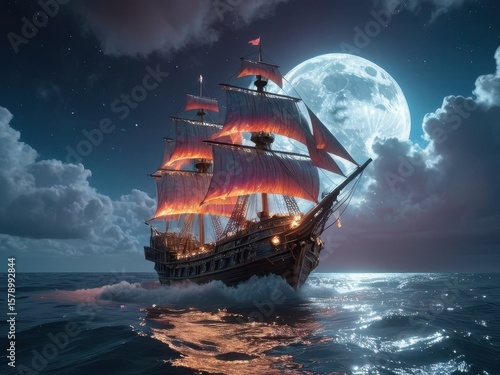 Pirate ship sails under a full moon