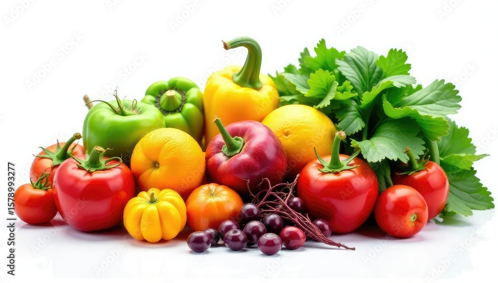 Variety of organic fruits and vegetables isolated on white, sustainable, healthy lifestyle Variety of organic fruits and vegetables isolated on white, sustainable, healthy lifestyle