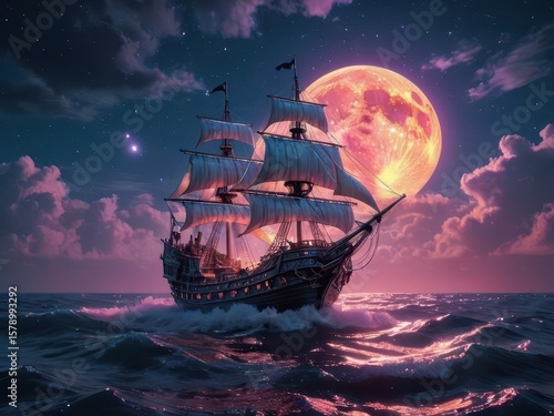 Dark ship sails under a crimson moon