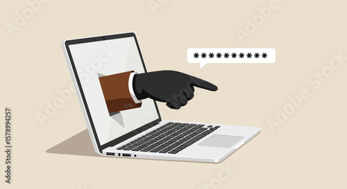A hand reaches out from a laptop screen, pointing at a password, symbolizing cybercrime and online security threats