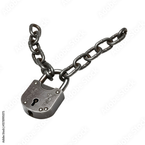 Isolated Illustration of Rusty Metal Lock on Chain with Transparent BG