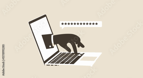 A hand reaches out from a laptop screen, pointing at a password, symbolizing cybercrime and online security threats
