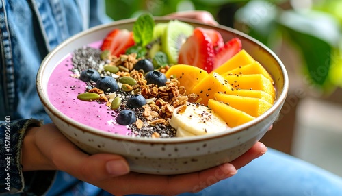 A vibrant bowl of smoothie bowl, brimming with fresh fruit, granola, and seeds, held by a person