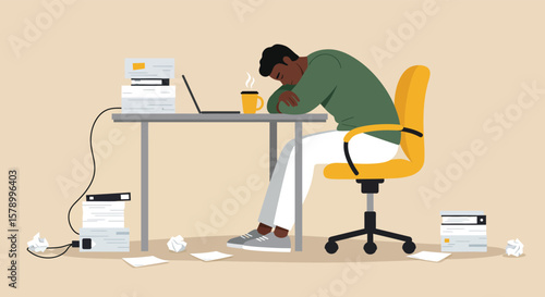 A man rests his head on his desk, surrounded by stacks of paperwork and crumpled papers, illustrating burnout and workrelated stress