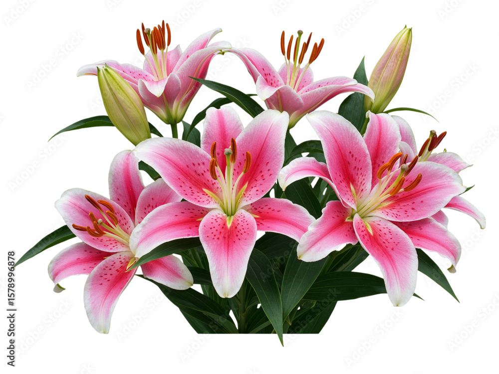 Fototapeta premium Beautiful pink and white lily flowers with green leaves isolated on transparent background