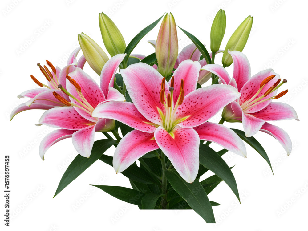 Fototapeta premium Beautiful pink and white lilies with green buds and leaves isolated on transparent background