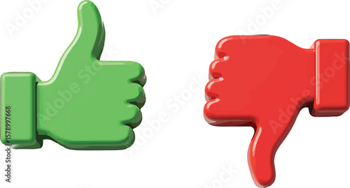 Green Thumbs-Up and Red Thumbs-Down Hand Gestures in Flat Vector Style — Visual Symbols Representing Approval and Disapproval for Feedback, Voting, and User Interaction Concepts