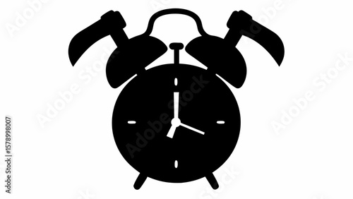 Illustration of a classic alarm clock with bells and a handle, rendered in solid black on white, simple style
