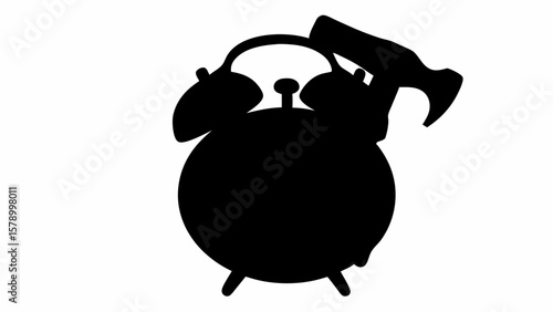 Silhouette of an alarm clock being struck by a hammer in a black and white illustration style image