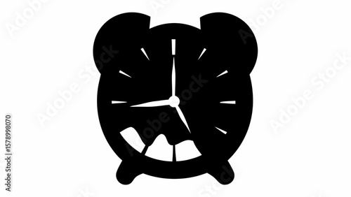 Silhouette of a black alarm clock with visible hands and a toothy grin displayed on its face design